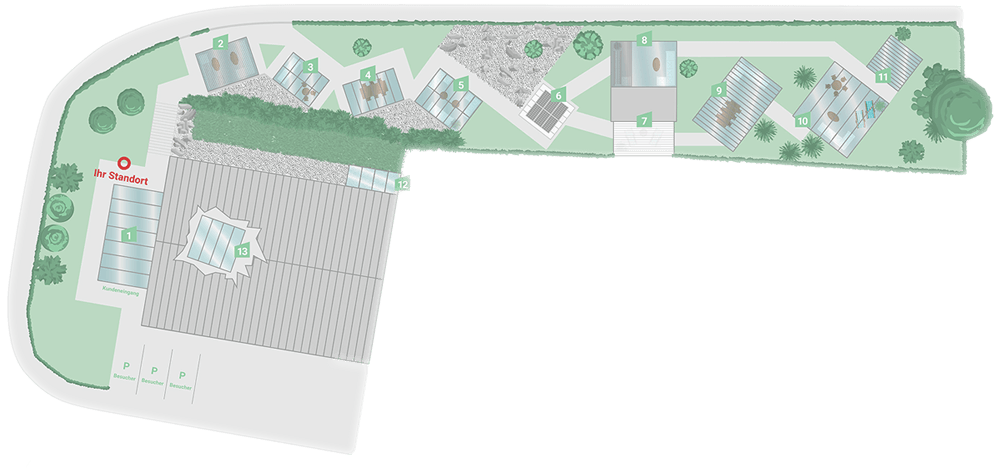 Illustrierte Karte des Thermogreen Kompetenzzentrums in Oberglatt mit Übersicht aller Dachmodelle und Outdoor-Lösungen.