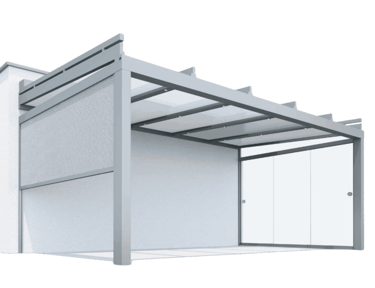 Abbildung des Glasdachs SGL 1 mit geradem Dachverlauf, seitlichem Sonnenschutz und Glasschiebetüren, geprüft bis 350 kg/m² Schneelast.