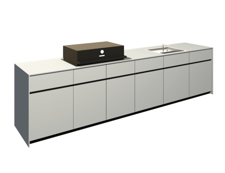 3D-Visualisierung der Avers Outdoor-Küche von Theiss mit Chromstahlkorpus, Grillmodul und Spülbecken.