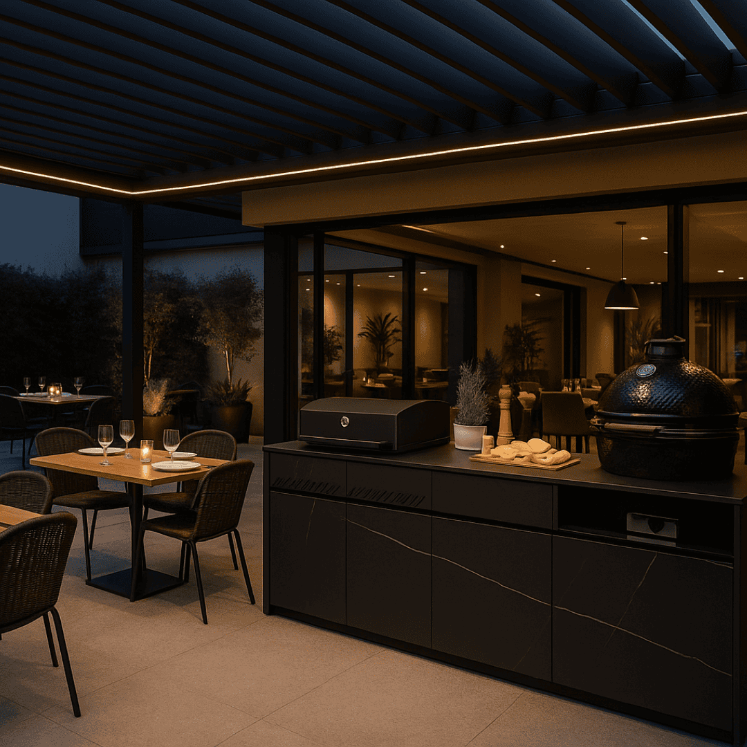 Moderne Restaurantterrasse mit filigraner Pergola, seitlicher LED-Beleuchtung und integrierter Outdoorküche, elegant gedeckte Tische im Abendlicht.