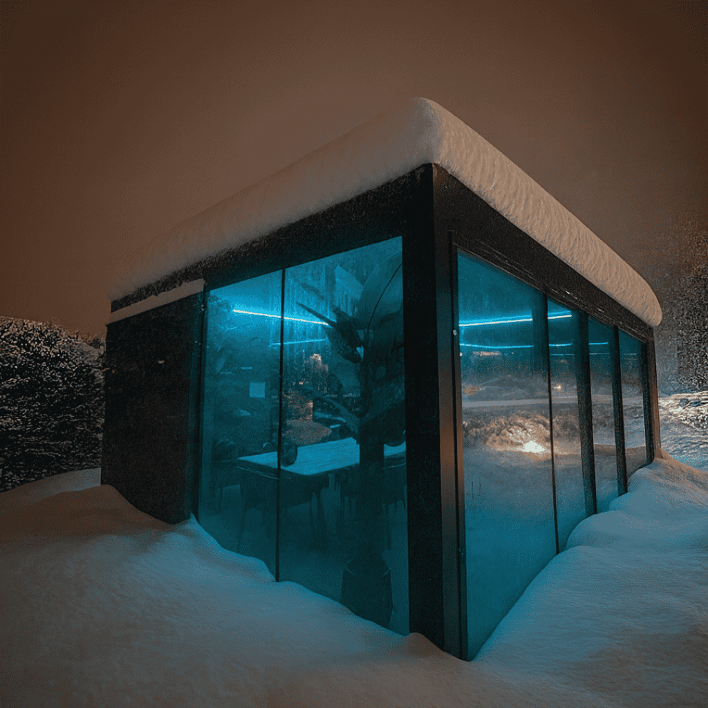 Verschneiter Wintergarten von Thermogreen – stabile Überdachung für alpine Regionen wie das Wallis