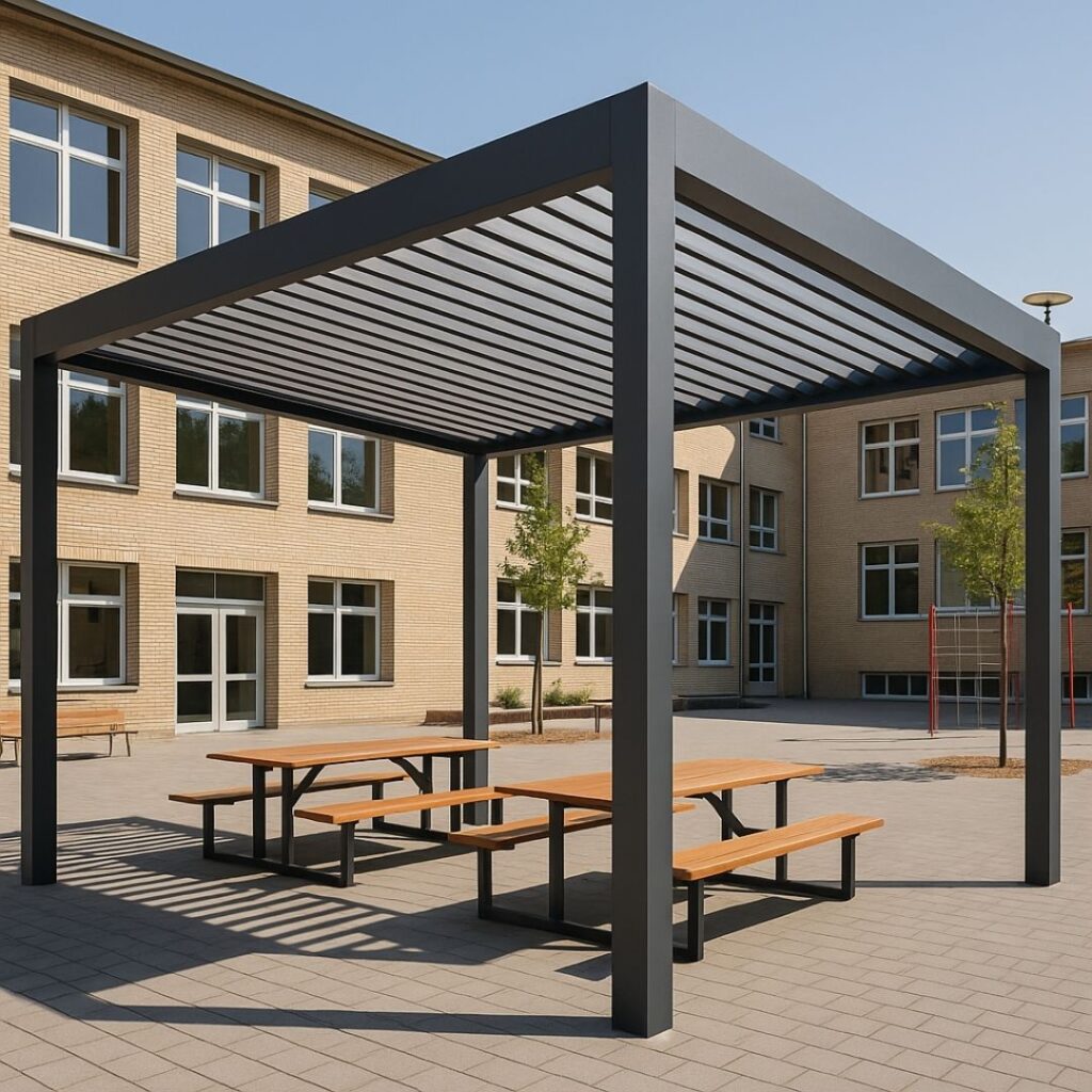 Lamellendach auf einem Schulhof mit Sitzbänken und Tischen darunter, bietet Schatten und geschützten Raum für Schüler.