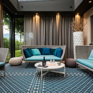 Eleganter Wintergarten mit modernen Loungemöbeln, Teppich und stimmungsvoller Beleuchtung.