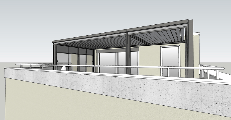 3D Visualisierung einer Terrassenüberdachung mit Lamellendach und seitlicher Verglasung auf einer Dachterrasse