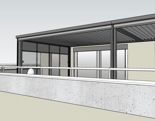 3D-Design Studio von Thermogreen 3D-Visualisierung eines Thermogreen Lamellendachs mit moderner Terrasse.