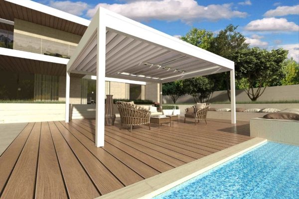 Modernes Festdach ECL 130 mit integrierten Solarmodulen auf einem Wohnareal, Carports mit stabiler Konstruktion für höchste Schneelasten.
