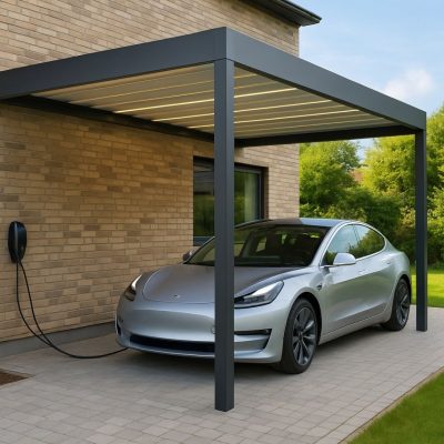 Moderner Carport mit zwei vorderen Stützen, an der Hausmauer montiert, darunter ein Elektroauto das an einer Ladestation geladen wird.